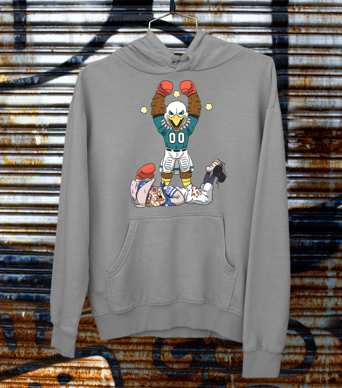 Eagles Mascot Swoop knocking out Rowdy the Cowboy mascot on a dark grey hoodie