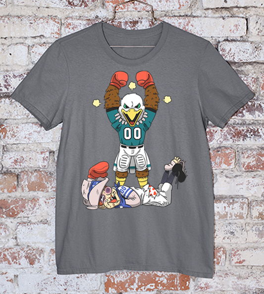 Eagles Mascot Swoop knocking out Rowdy the Cowboy mascot on a dark grey Tee