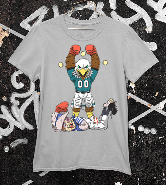 Eagles Mascot Swoop knocking out Rowdy the Cowboy mascot on a light grey Tee