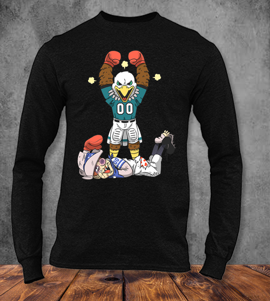 Eagles Mascot Swoop knocking out Rowdy the Cowboy mascot on a long sleeve black Tee