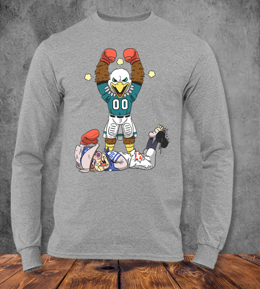 Eagles Mascot Swoop knocking out Rowdy the Cowboy mascot on a long sleeve dark grey Tee