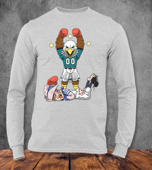 Eagles Mascot Swoop knocking out Rowdy the Cowboy mascot on a long sleeve light grey Tee