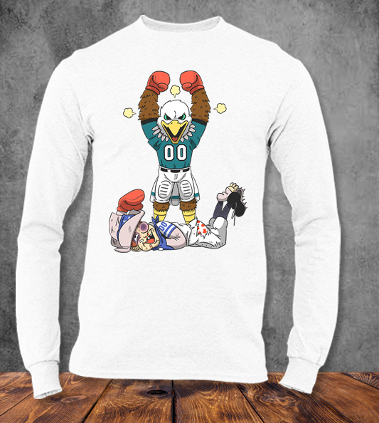 Eagles Mascot Swoop knocking out Rowdy the Cowboy mascot on a long sleeve white Tee