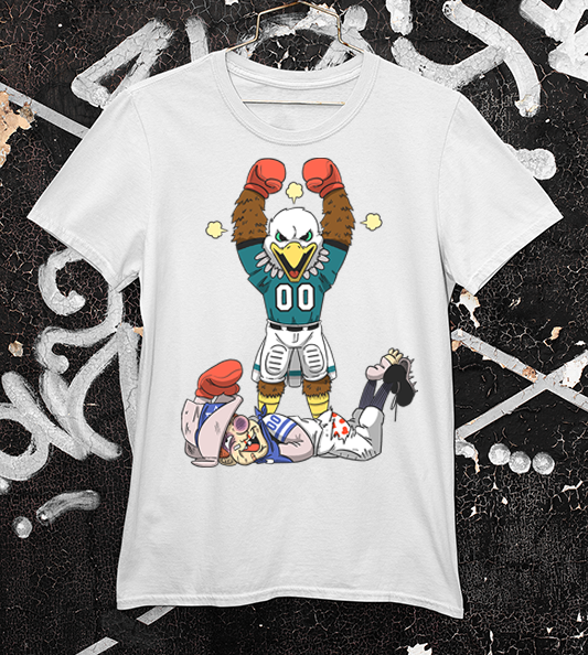 Eagles Mascot Swoop knocking out Rowdy the Cowboy mascot on a white Tee