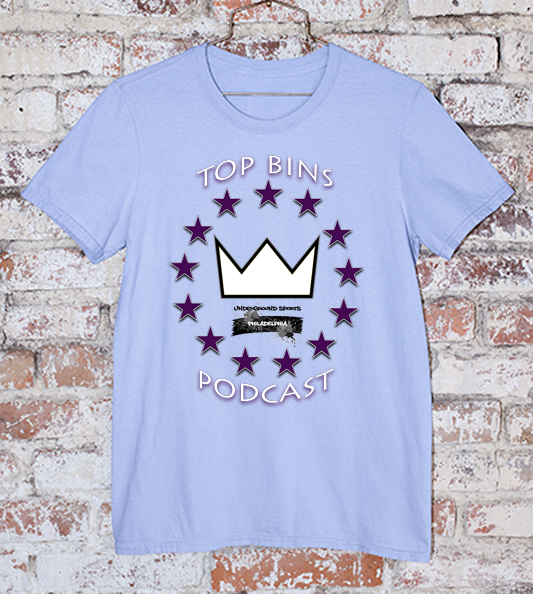 Top Bins Podcast t shirt in light blue