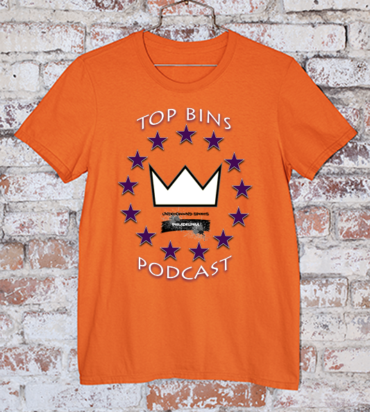 Top Bins Podcast t shirt in orange