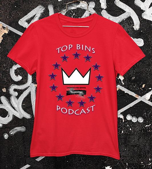 Top Bins Podcast t shirt in red