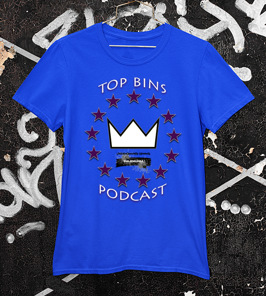 Top Bins Podcast t shirt in blue