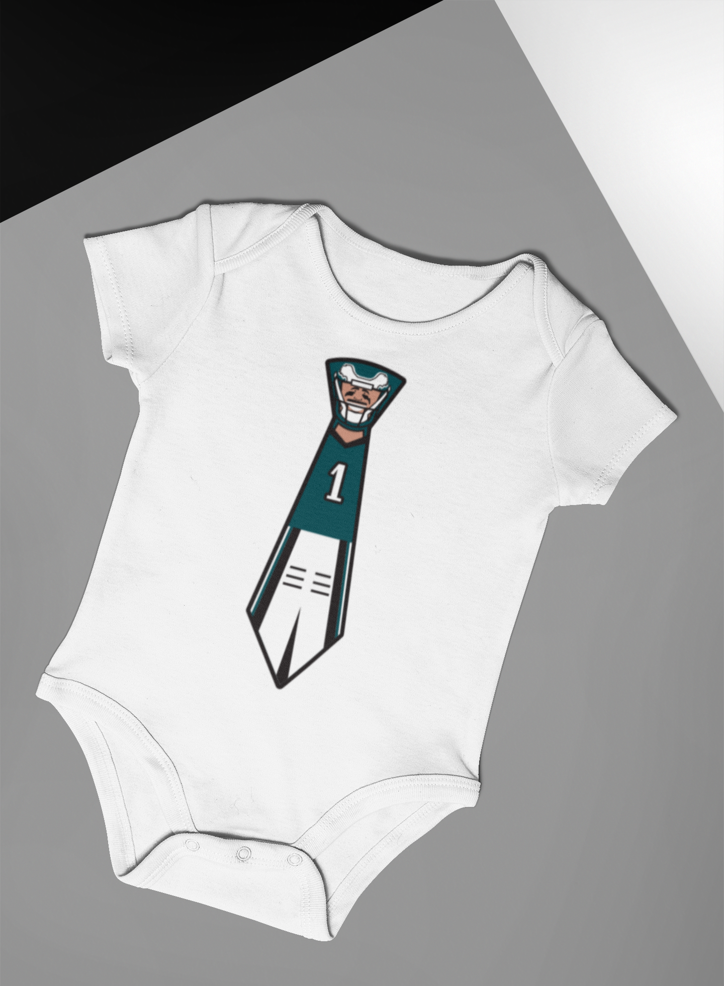 Eagles white onsie with Jalen Hurts tie